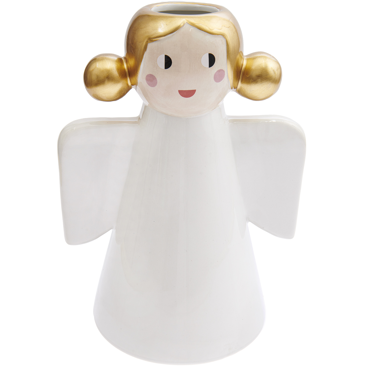 Keramik Vase Engel weiß 26,5cm von Rico Design zeigt einen Engel mit goldenen Haaren und Flügeln.