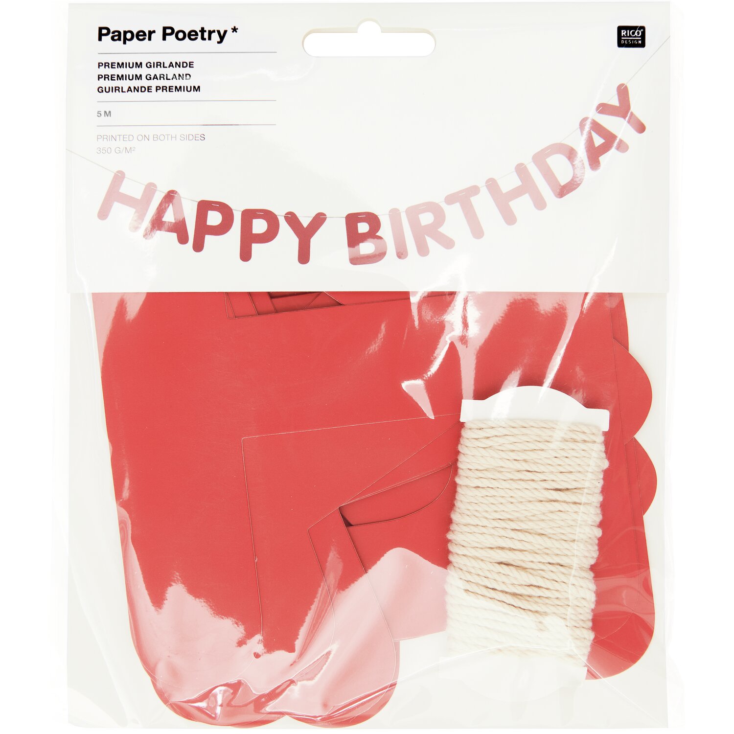 Paper Poetry Girlande Happy Birthday Magic Rainbow: Rote Girlande von Rico Design, 5m lang, mit "Happy Birthday"-Schriftzug.