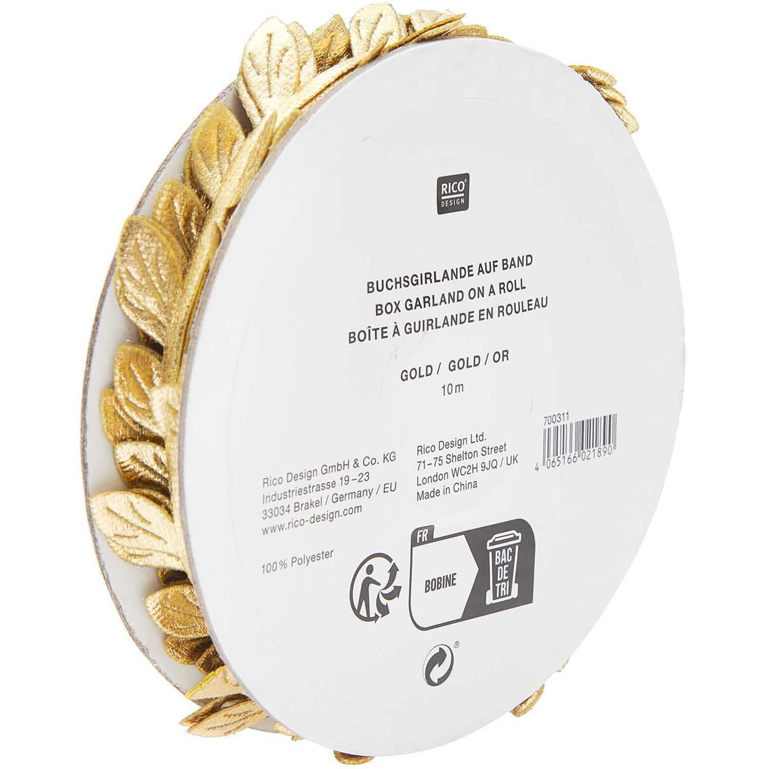 Buchsgirlande 10m: Goldene Girlande von Rico Design auf einer Rolle, ideal für Dekorationen.