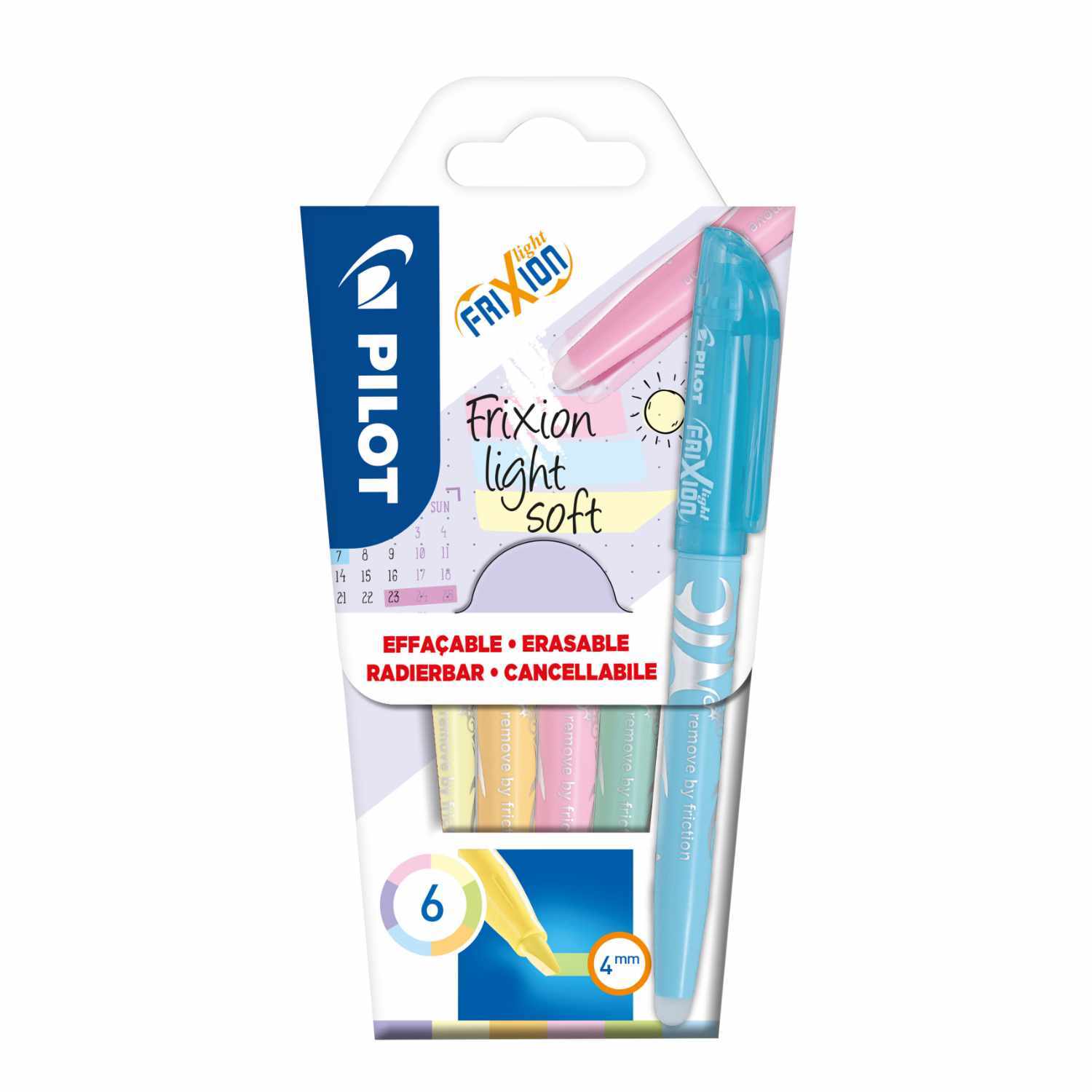 Frixion Light Soft Textmarker Pastell 6er-Set von PILOT in verschiedenen Farben, ideal für präzises Markieren und Hervorheben.