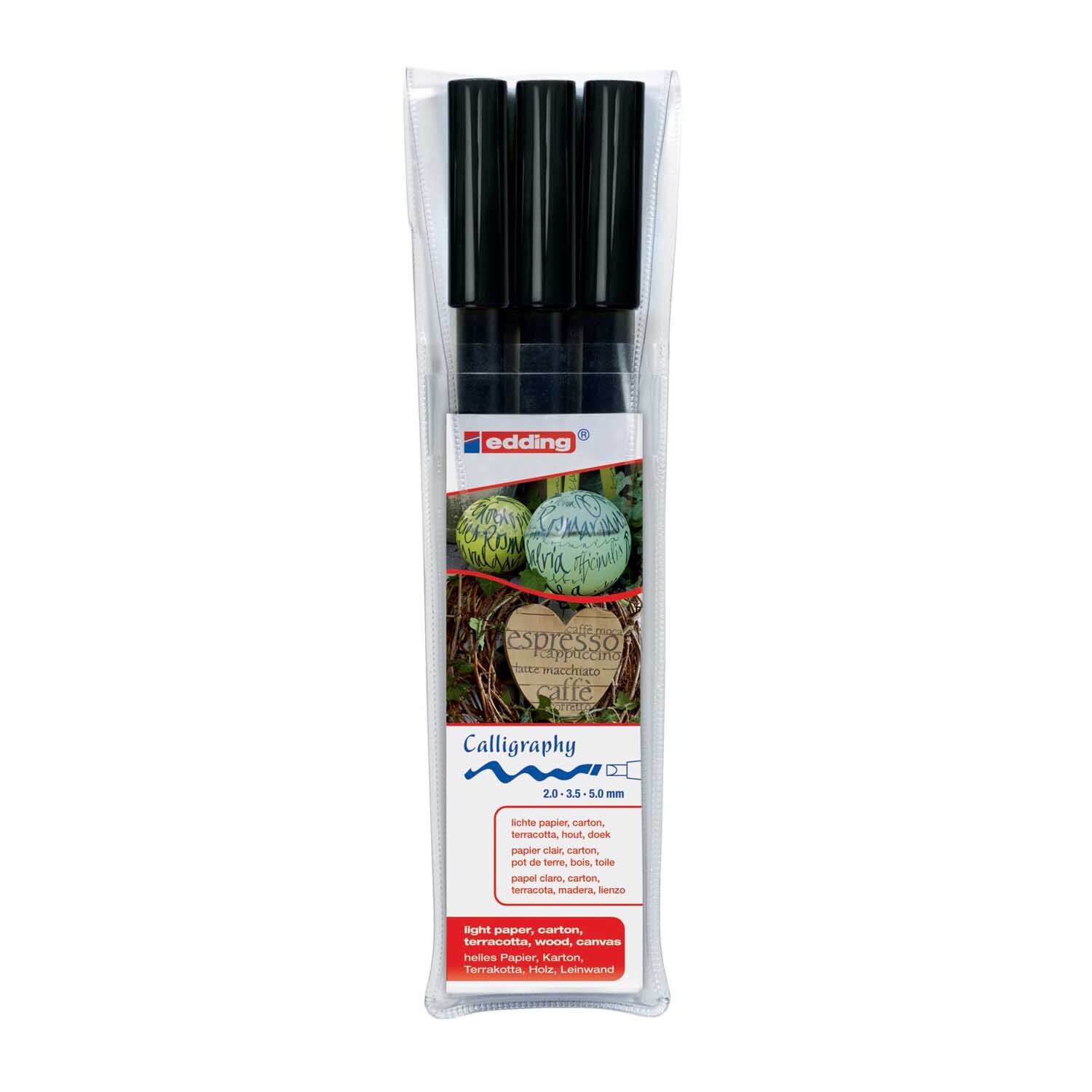 1255 calligraphy pen, 3 Stück, in einer transparenten Verpackung mit schwarzer Kappe von edding. Ideal für kreative Schriftgestaltung.