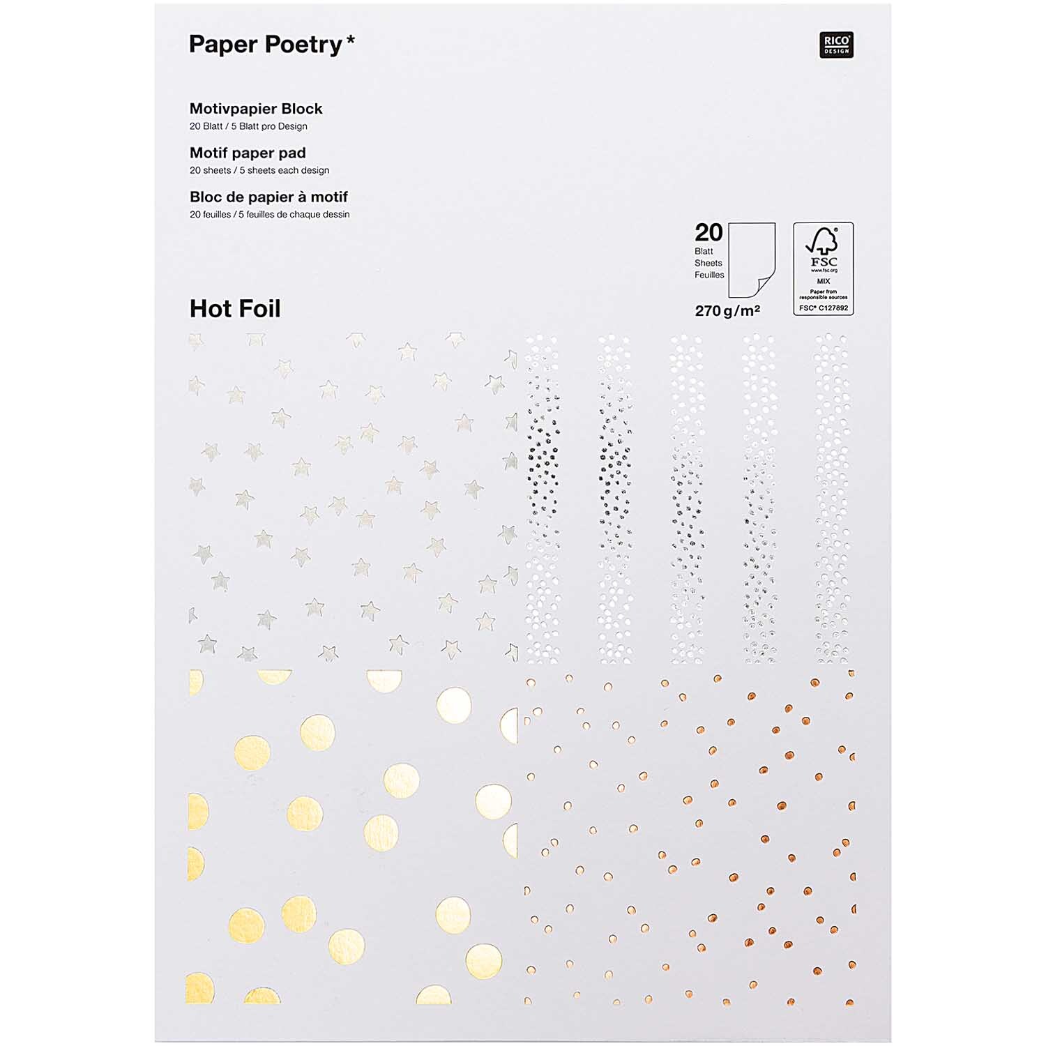 Paper Poetry Motivpapier Block mit Hot Foil, 20 Blatt, 270g/m², von Rico Design, zeigt goldene und silberne Punkte und Sterne auf weißem Hintergrund.