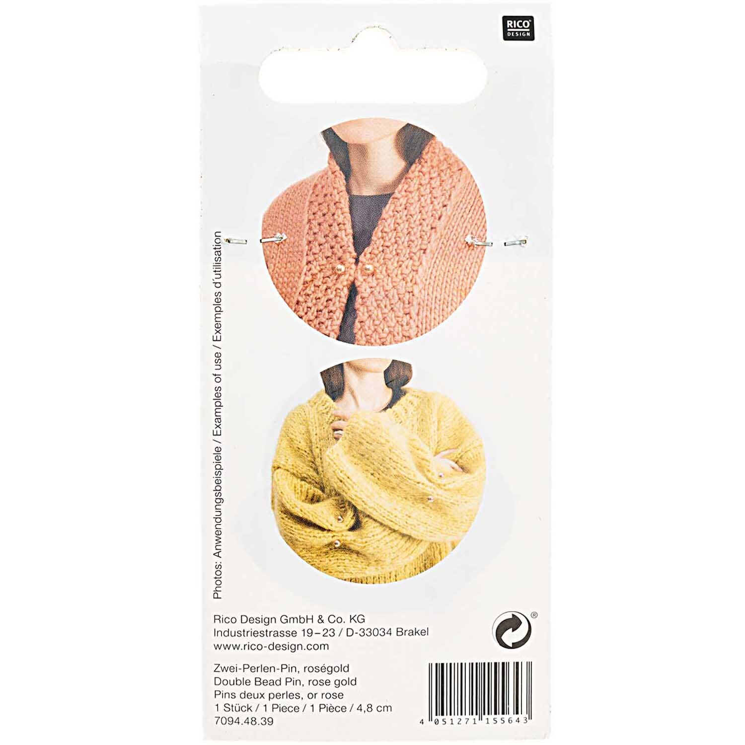 Zwei-Perlen-Pin 48mm von Rico Design in Roségold, präsentiert auf einer Verpackung mit gestrickten Kleidungsstücken.