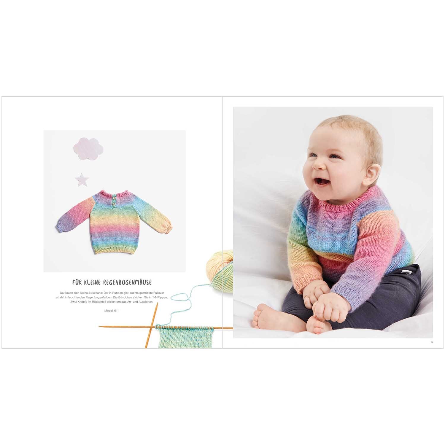 Rico Baby Heft Nr.35 zeigt ein lächelndes Baby in einem bunten Strickpullover von Rico Design.