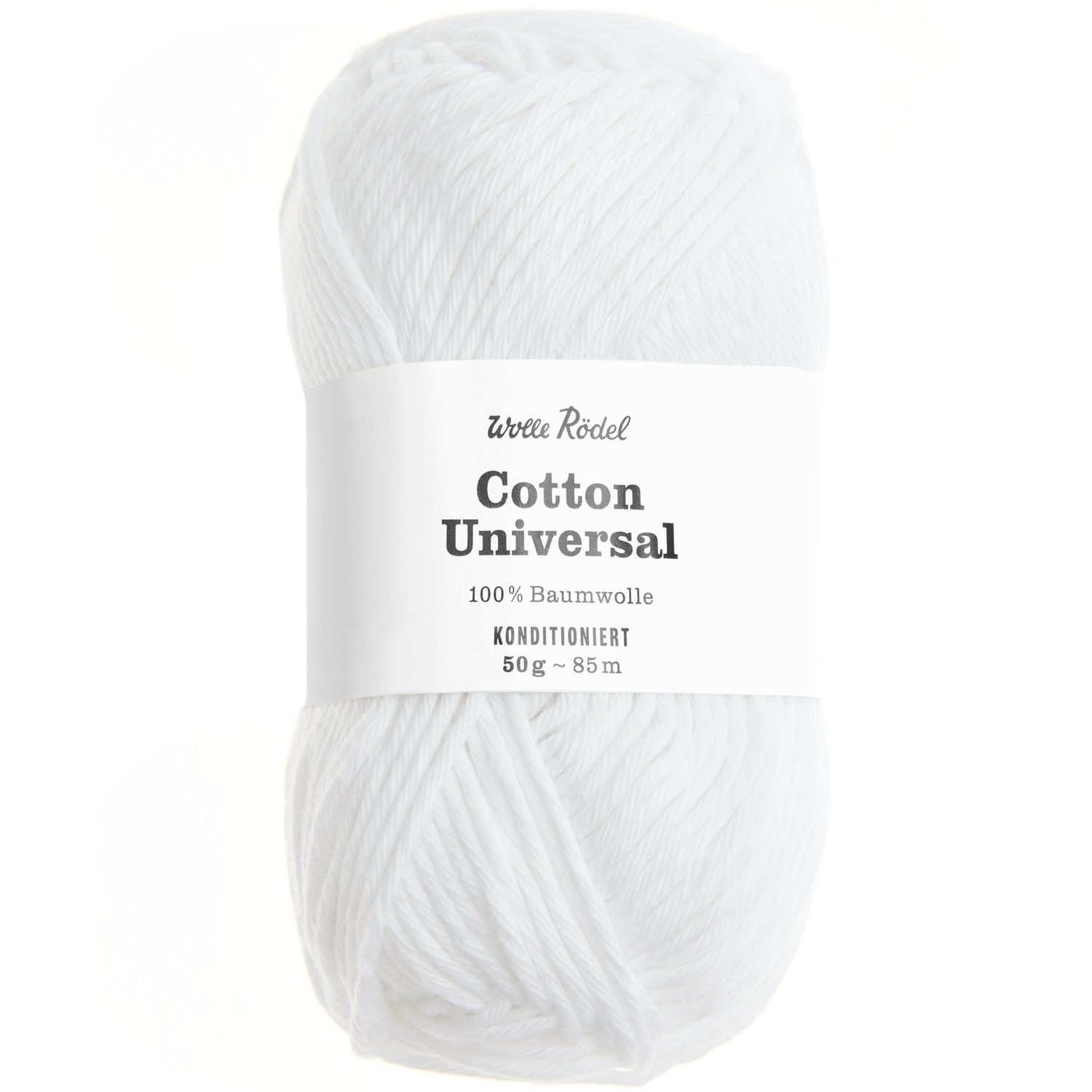 Cotton Universal: Weißes Baumwollgarn von Wolle Rödel, 50g, 85m, ideal für Strickprojekte.