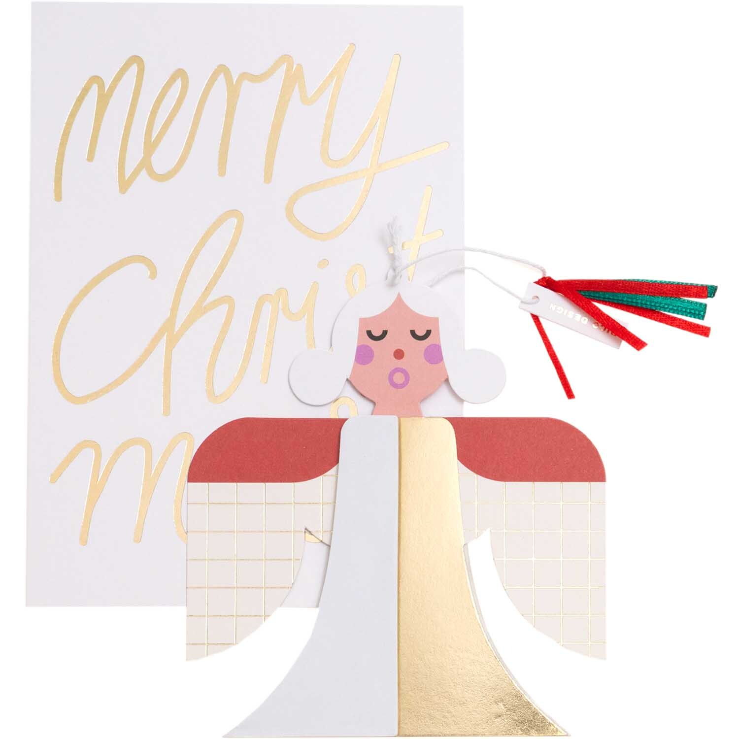 Paper Poetry Kartenset mit Pop-Up Anhänger Engel B6 zeigt einen Engel vor einer Karte mit "Merry Christmas" in goldener Schrift.
