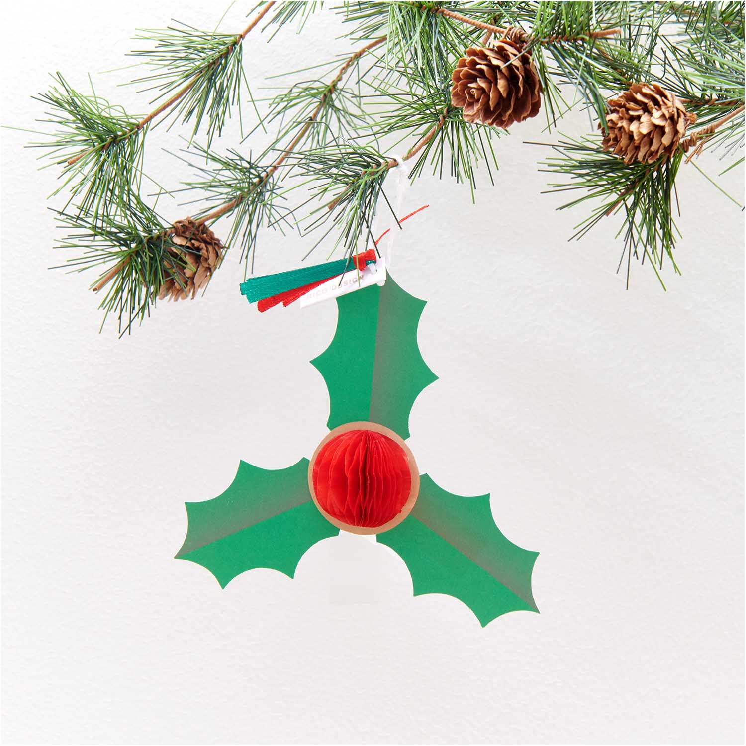 Paper Poetry Kartenset mit Pop-Up Anhänger Ilex B6 von Rico Design zeigt grünen Ilex-Anhänger an Tannenzweig.