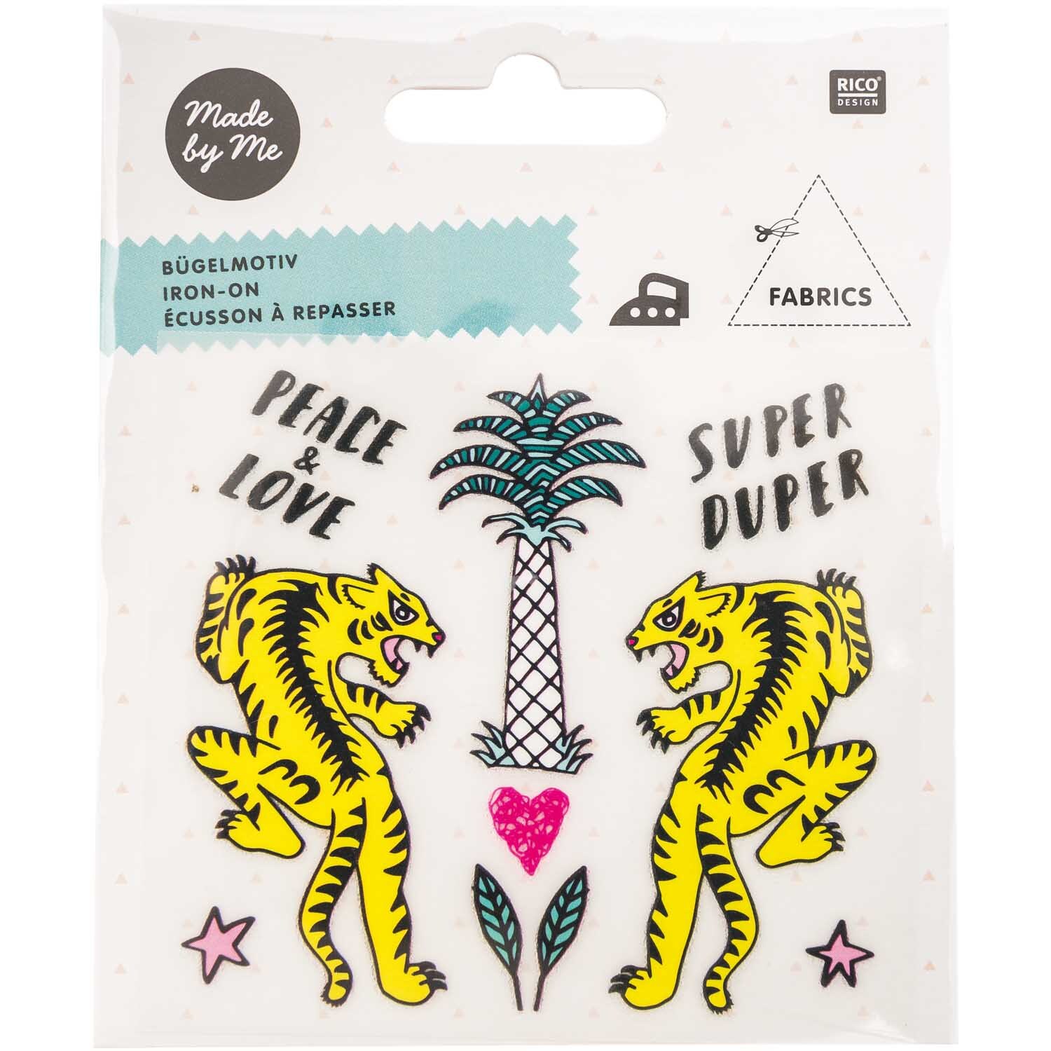 Bügelmotivset Tiger-Palme von Rico Design: Zwei gelbe Tiger, Palme und Herz auf mehrfarbigem Stoff.