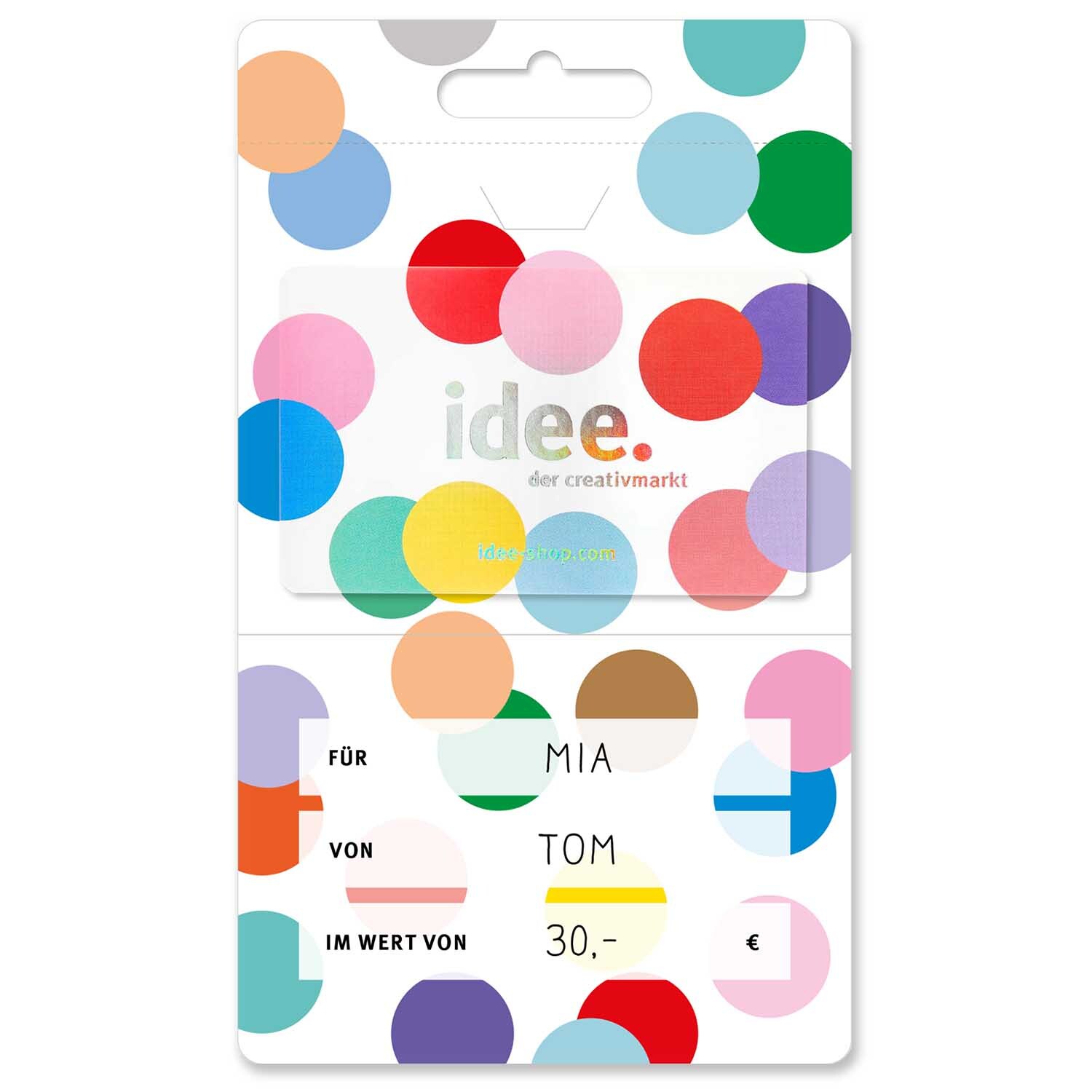 idee. Geschenk-Karte mit bunten Punkten und Textfeldern für Absender und Empfänger, von idee. Creativmarkt.