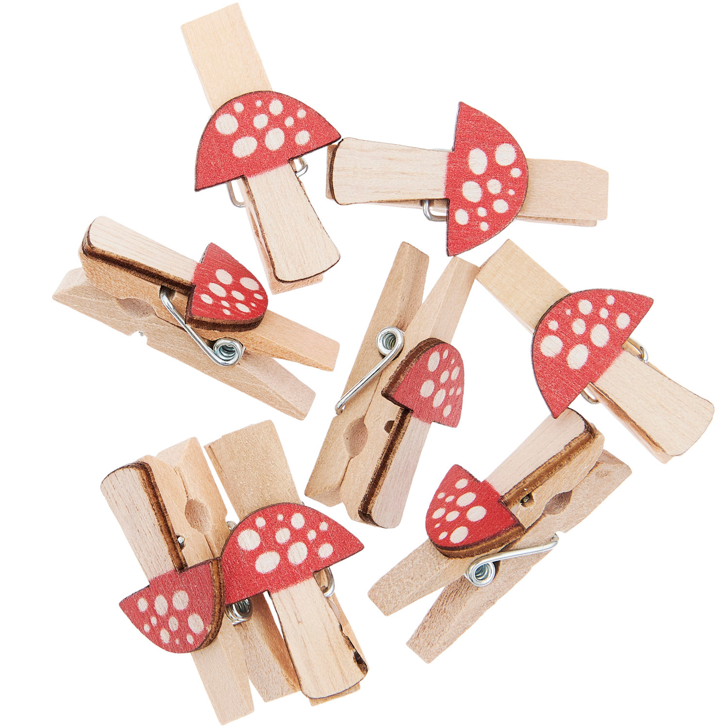 Holzclips Fliegenpilz: Acht naturrote Clips von Rico Design, 20x35mm, ideal für Dekorationen.