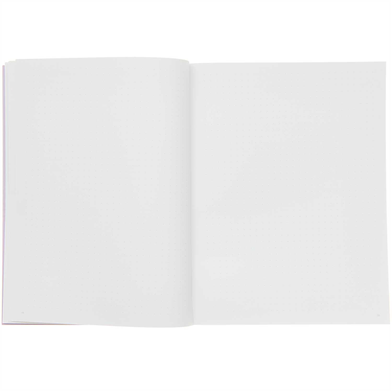 Paper Poetry Bullet Diary Softcover mit irisierendem Einband, geöffnet auf einer weißen Doppelseite. Ideal für kreative Notizen.