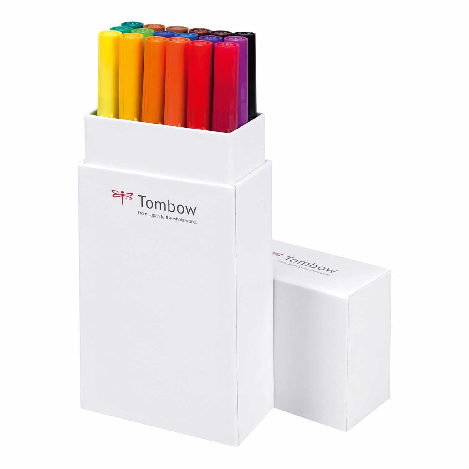 ABT Dual Brush Pen Primärfarben 18er Set von Tombow in einer weißen Box, zeigt leuchtende Stifte.