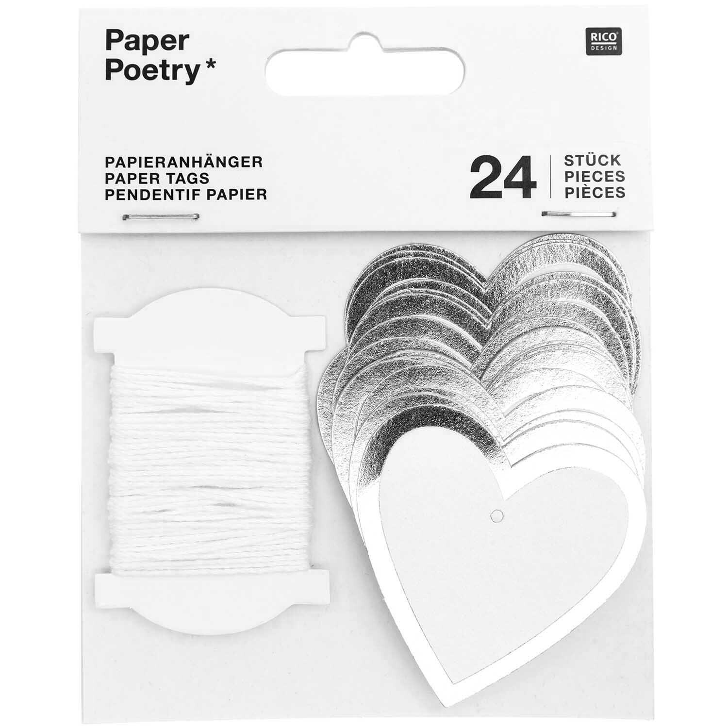 Paper Poetry Papieranhänger Herzen M, 24 Stück, in Herzform, weiß-silber, von Rico Design.
