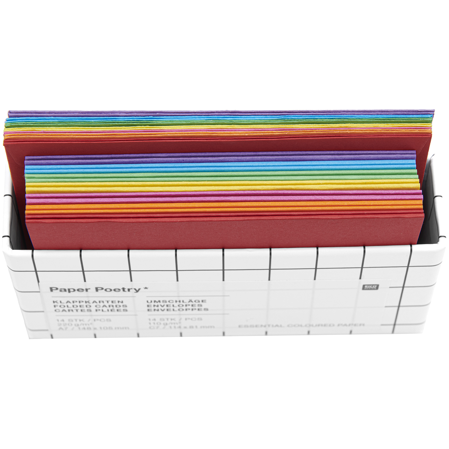 Paper Poetry Kartenset Rainbow classic A7/C7, 28-teilig, zeigt bunte Karten in einer Box. Ideal für kreative Projekte.