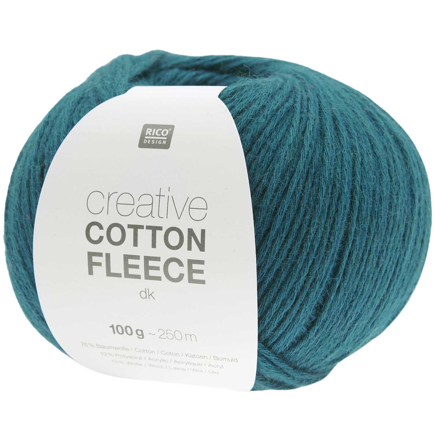 Strickset Dreieckstuch Modell 31 aus Lovewool Nr. 18: Teal-farbene Wolle von Rico Design, Creative Cotton Fleece, 100g Knäuel.