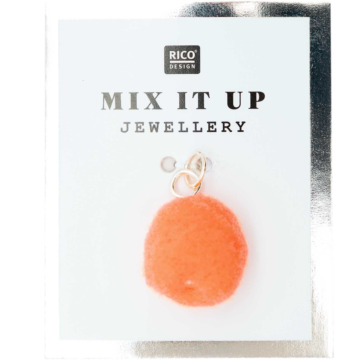 Mix it Up - Jewellery Mini-Pompon 12mm von Rico Design in Silber-Neonorange auf weißem Hintergrund.