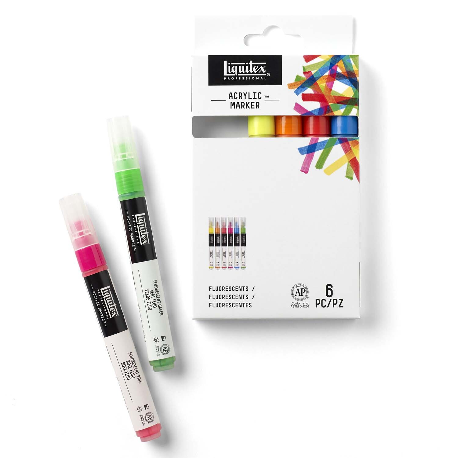 Paint Acryl Marker Fluo-Set fein 6 Stück von Liquitex, mehrfarbig. Zwei Marker und Verpackung mit buntem Design.