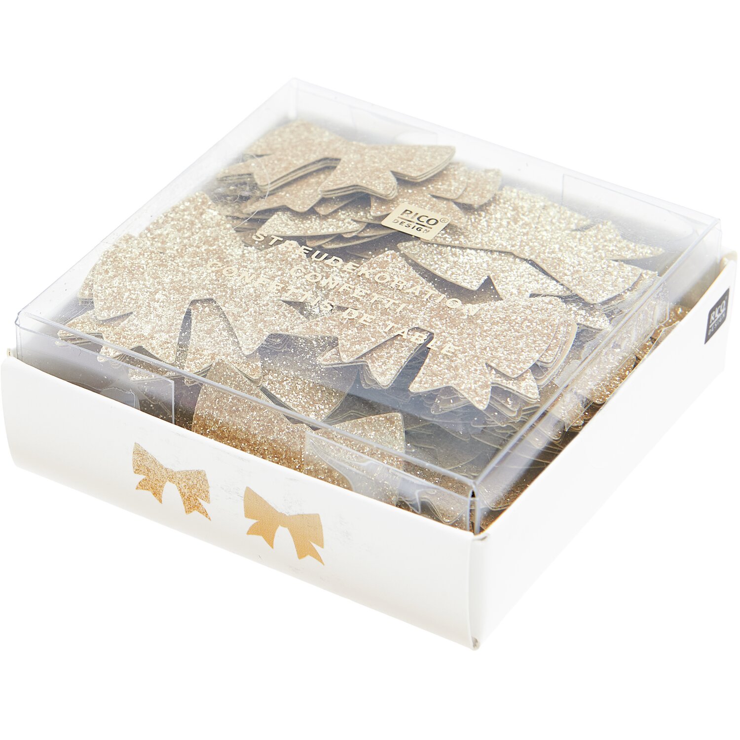 Streudekoration Schleifen Glitzer, 20g, 30x25mm, in einer transparenten Box von Rico Design. Ideal für festliche Dekorationen.