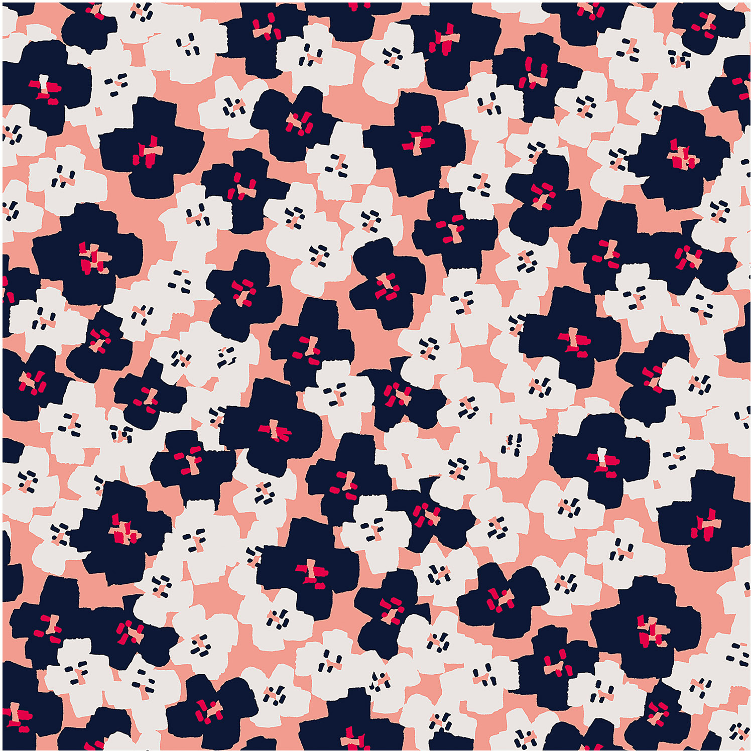 Druckstoff Okina Hana mit kleinen Blumen in pink und schwarz von Rico Design, ideal für kreative Projekte.