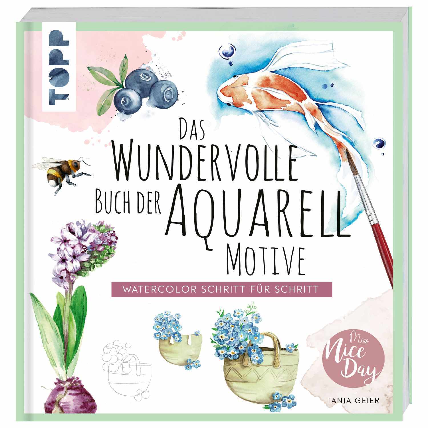 Das wundervolle Buch der Aquarell-Motive zeigt bunte Illustrationen von Blumen, Fischen und Früchten. Ideal für kreative Inspirationen.