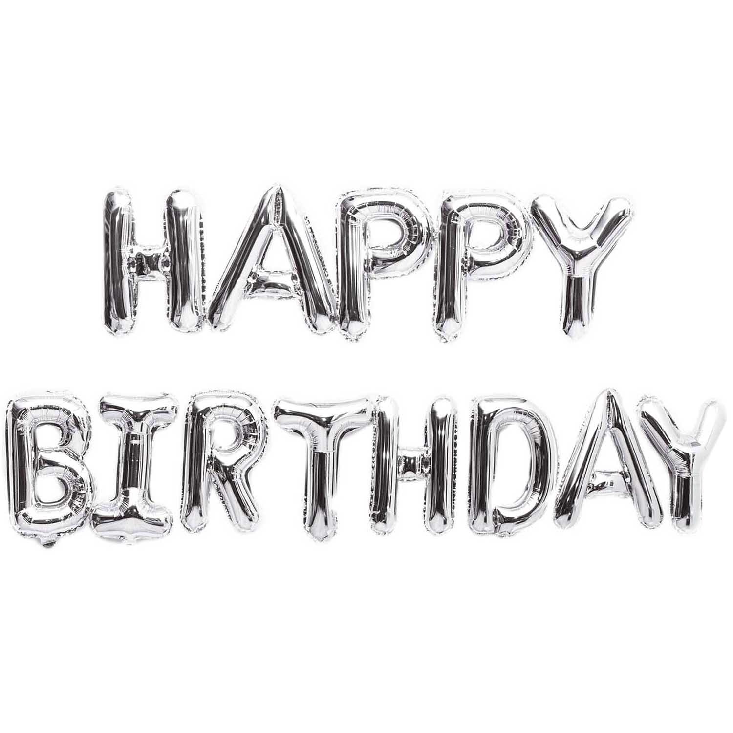 Folienballon-Set Happy Birthday silber, 13-teilig von Rico Design. Silberne Ballons formen die Worte "Happy Birthday".