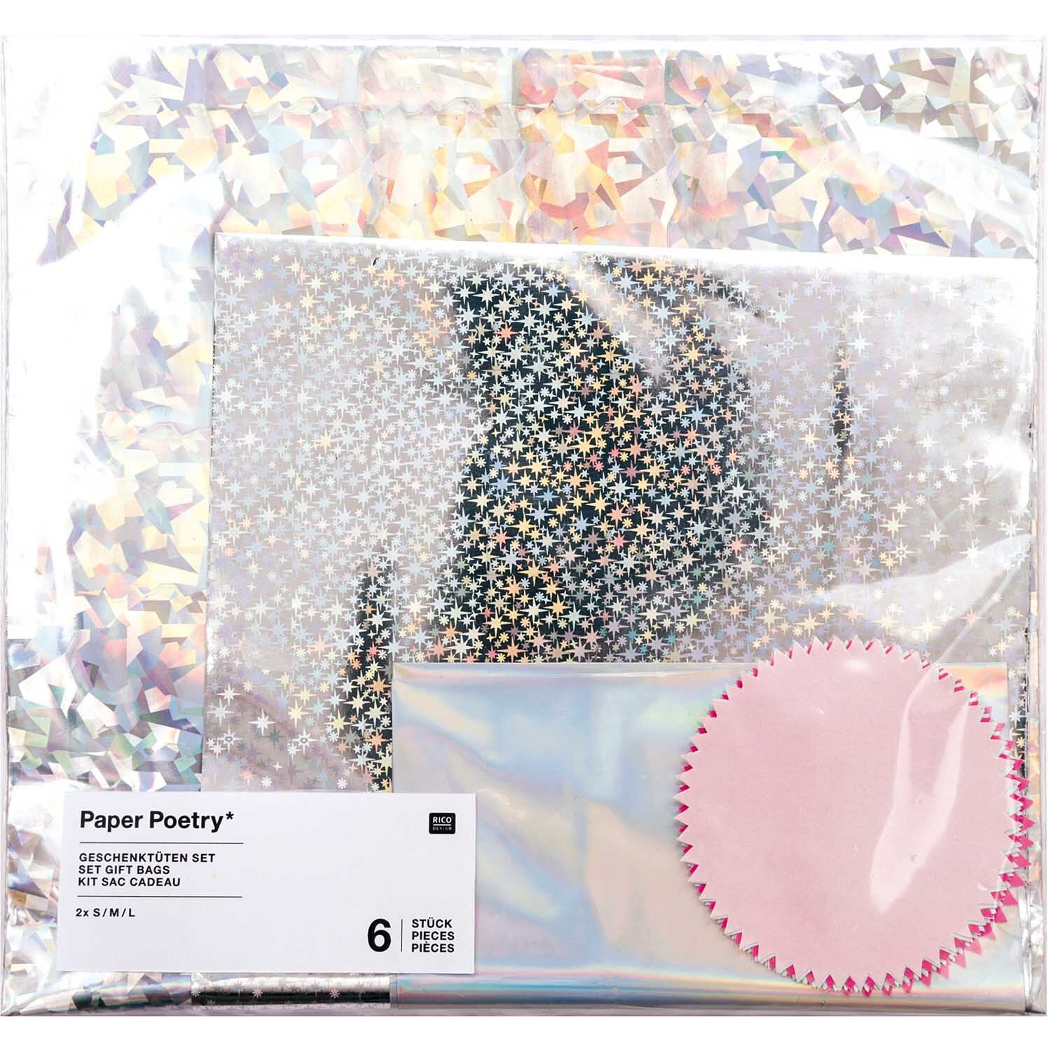 Paper Poetry Geschenktüten Set mit 6 Holographietüten und 6 Stickern, präsentiert in schimmernden Farben.