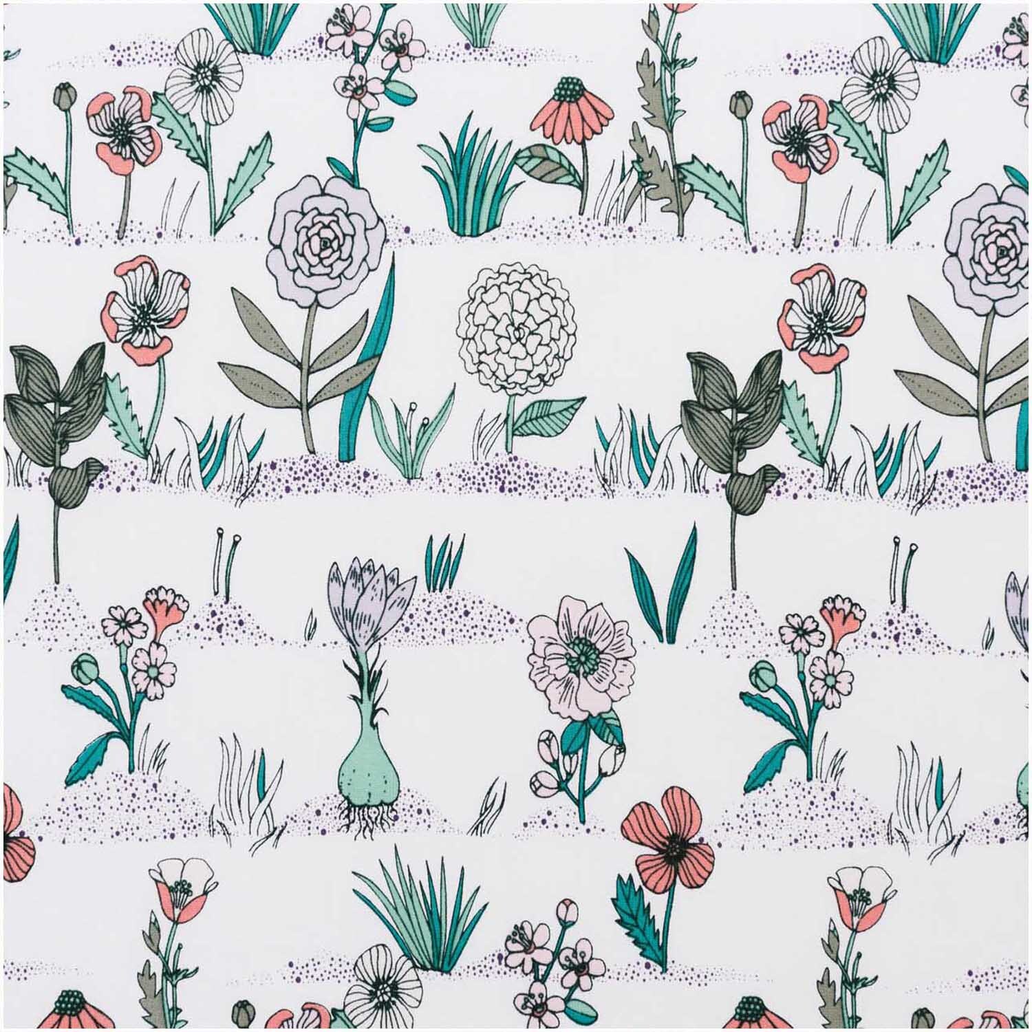 Druckstoff Hygge Pflanzen und Gräser zeigt ein florales Muster mit bunten Blumen und Gräsern. Marke: Rico Design.