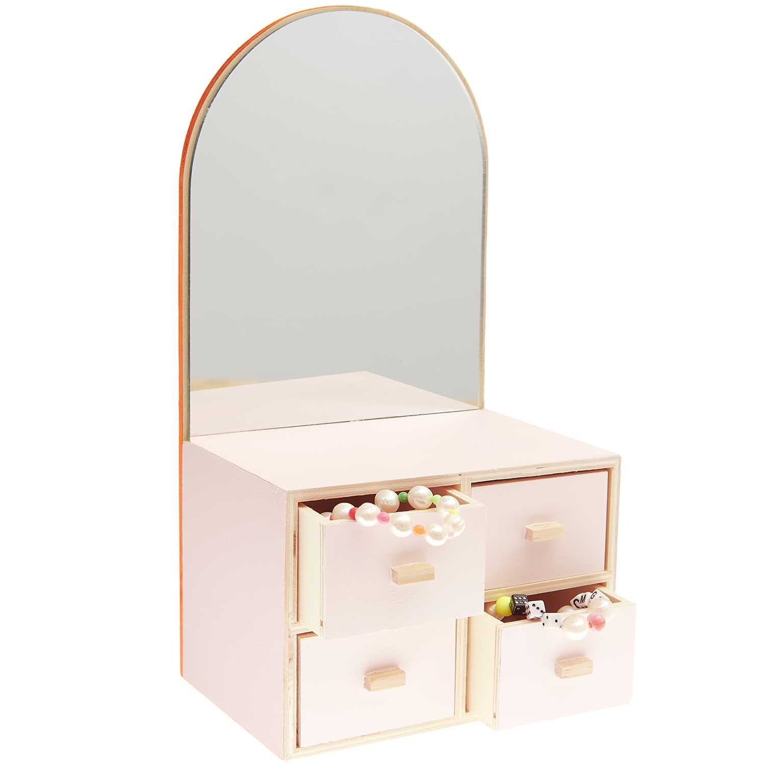 Kommode aus Holz mit Spiegel und vier Schubladen, ideal zur Aufbewahrung von Schmuck und Accessoires. Marke: Rico Design.