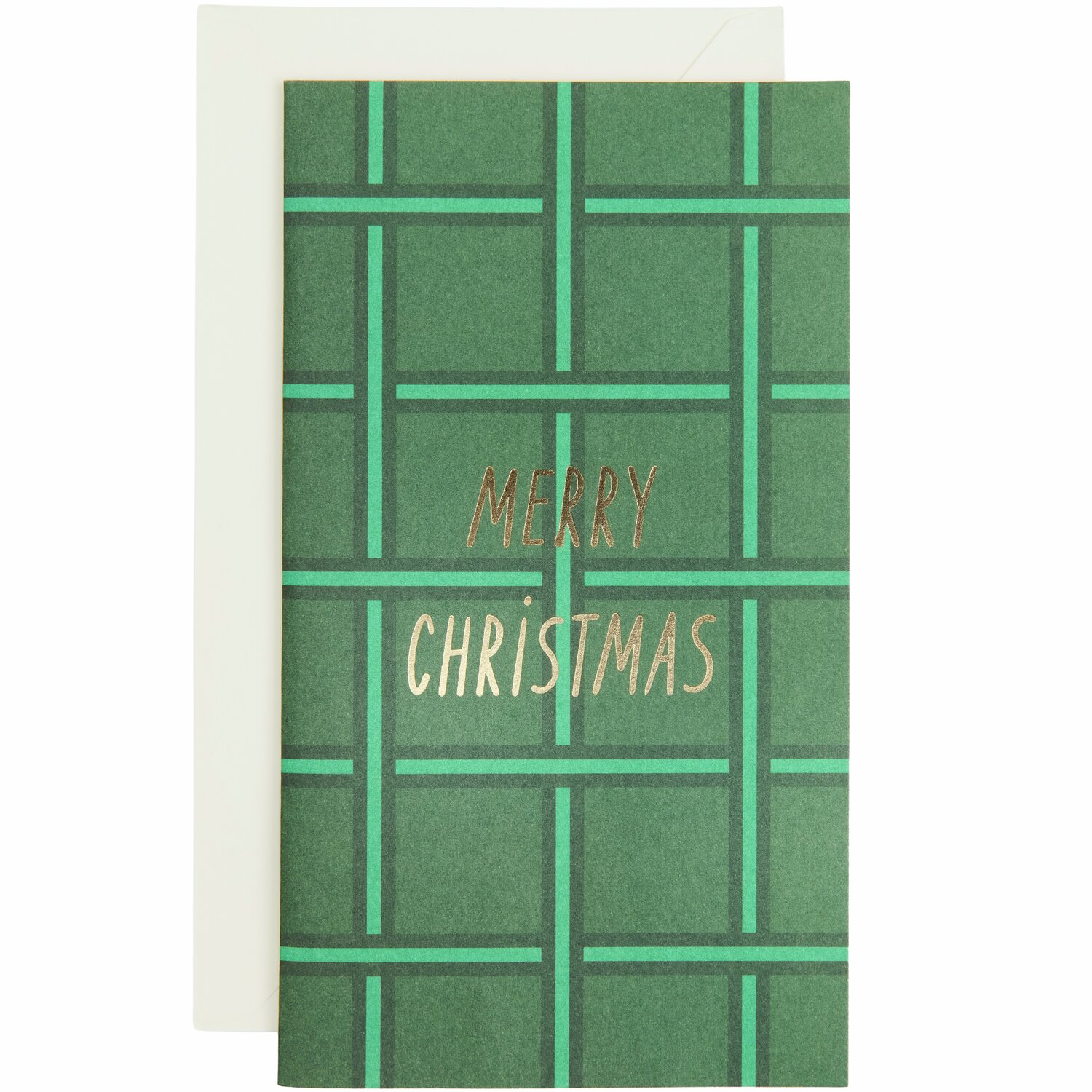 Pop-Up Karte Weihnachtsbaum irisierend: Grüne Karte mit goldener Aufschrift "Merry Christmas", 11x19,5cm.