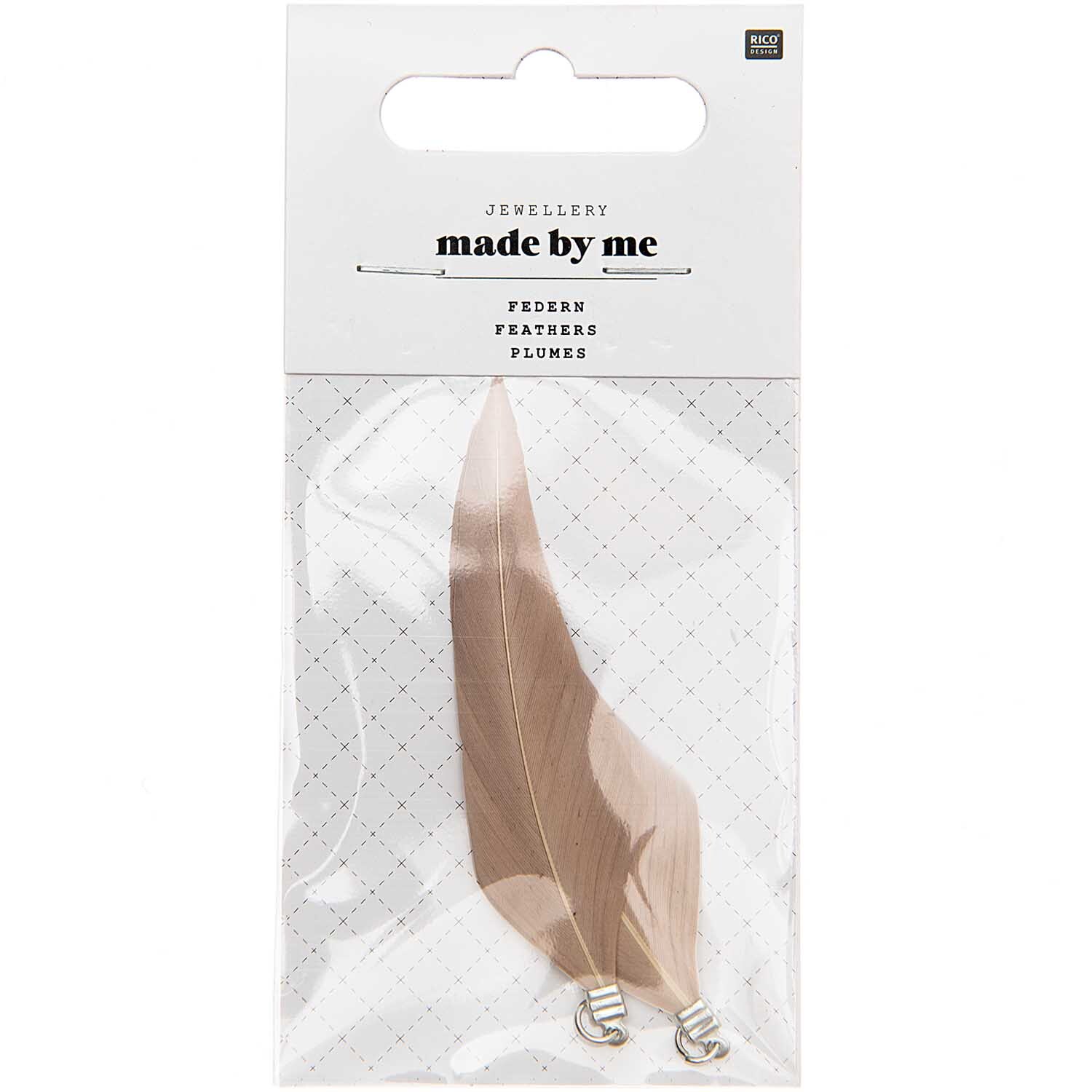 Federn mit Öse 2 Stück: Zwei dekorative Federn in einer transparenten Verpackung von Rico Design. Ideal für Schmuckherstellung.
