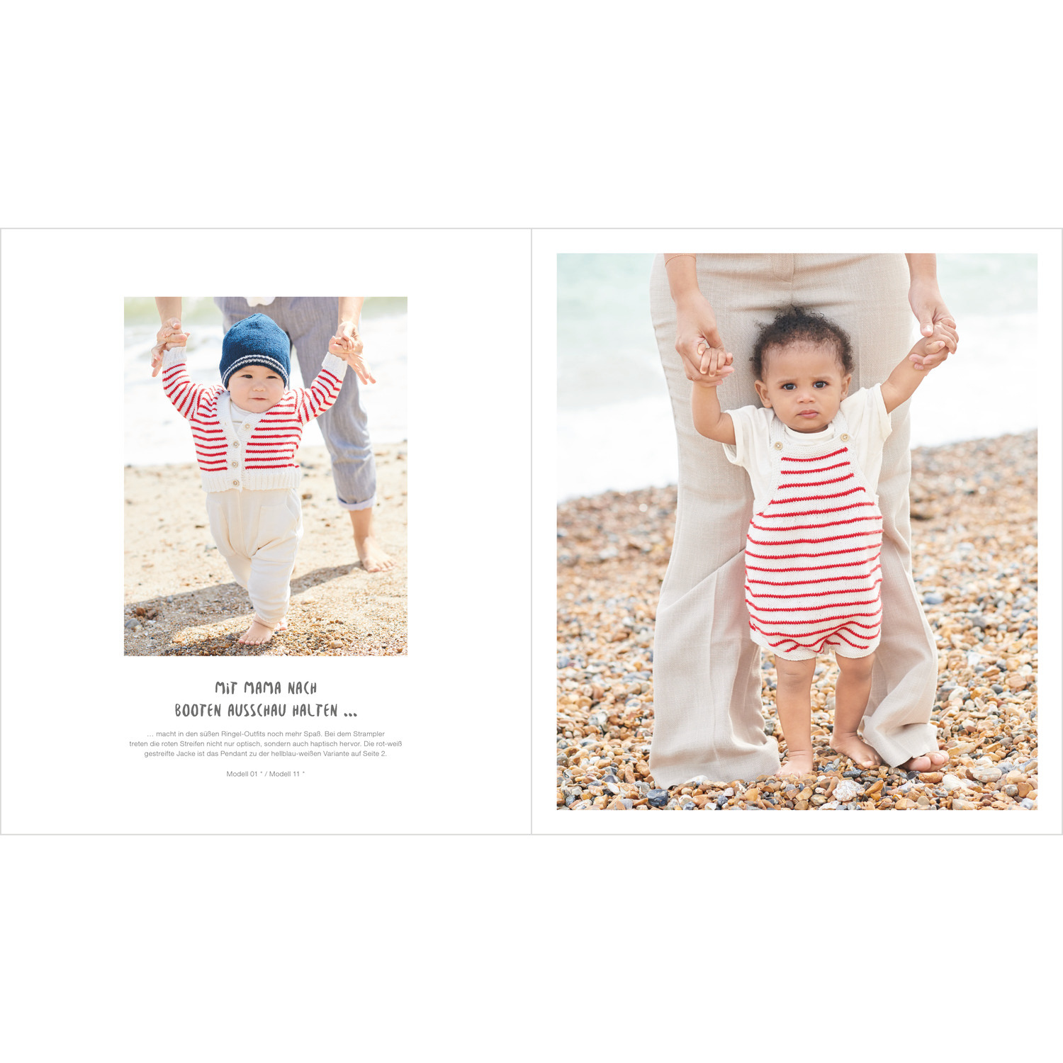 Baby Heft Nr.39 zeigt ein Kleinkind in gestreiftem Outfit am Strand, gehalten von einem Erwachsenen.