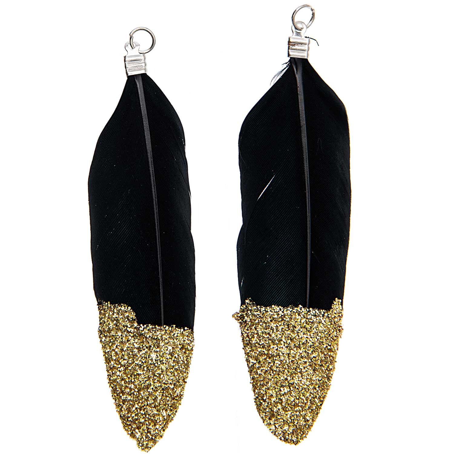 Jewellery Federn mit Öse Glitzer 2 Stück: Zwei elegante Federn mit glitzerndem Goldakzent und Öse, ideal für Schmuckdesigns.