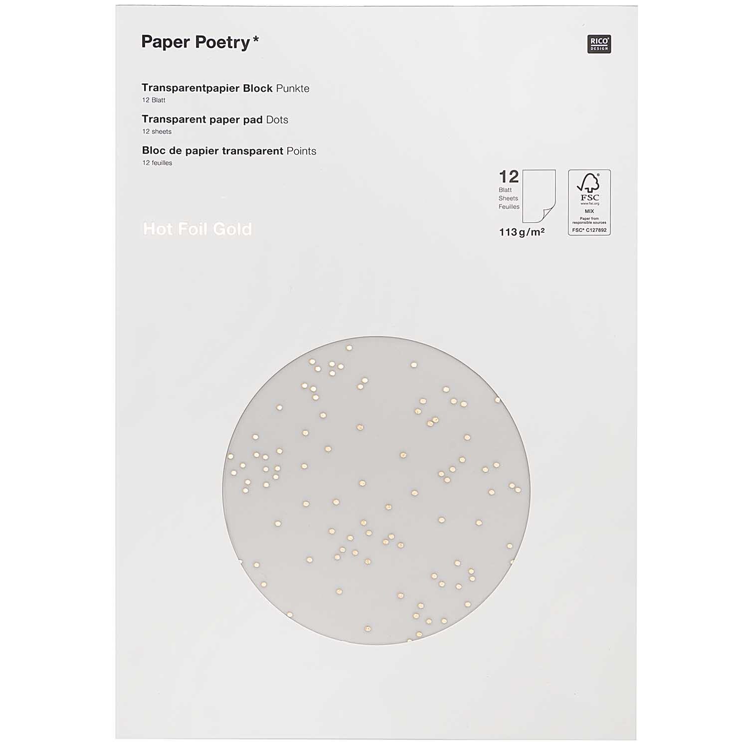Paper Poetry Transparentpapierblock mit goldenen Punkten, 12 Blatt, ideal für kreative Projekte.