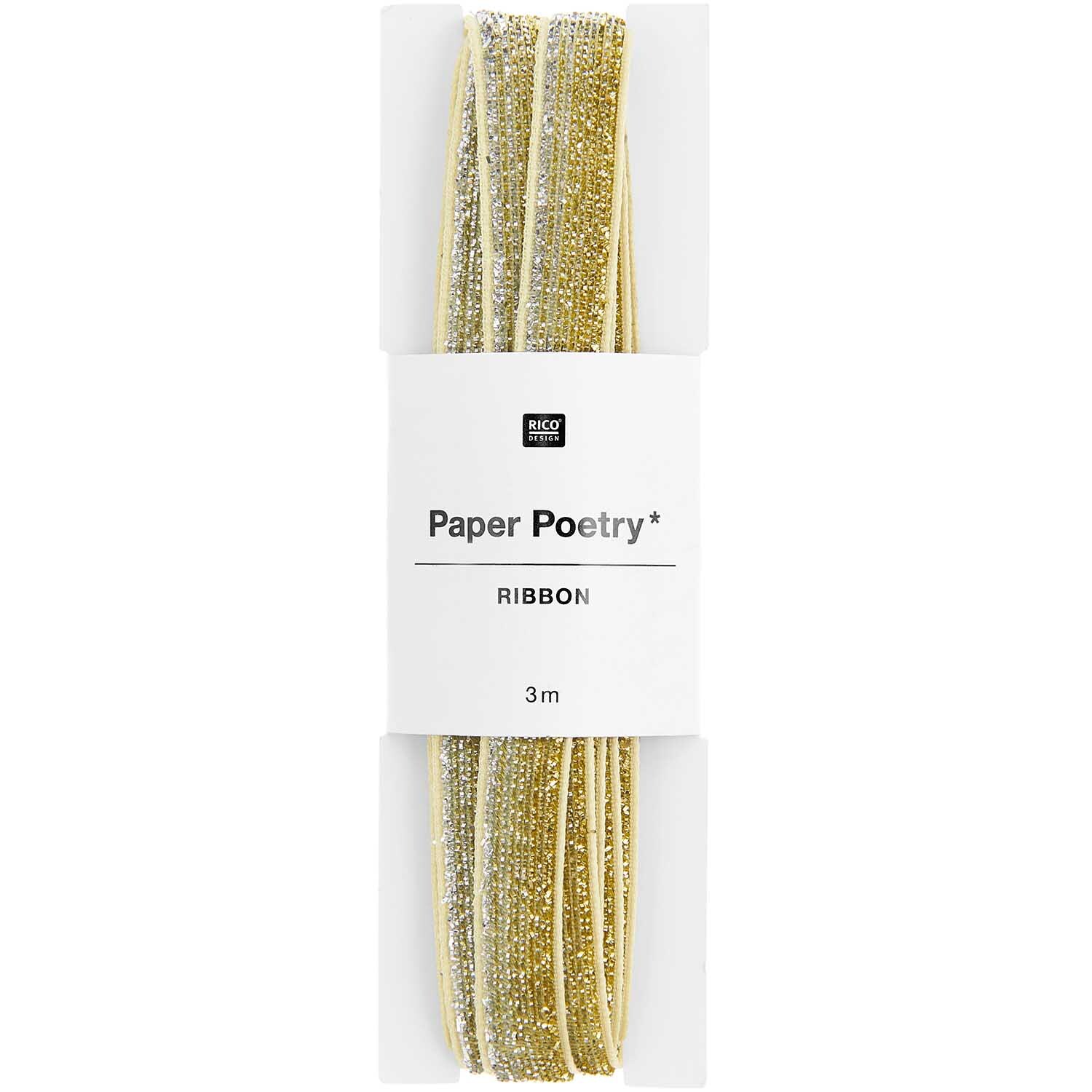 Paper Poetry Glitzerband in Silber-Gold von Rico Design, 10mm breit, 3m lang, ideal für kreative Projekte.