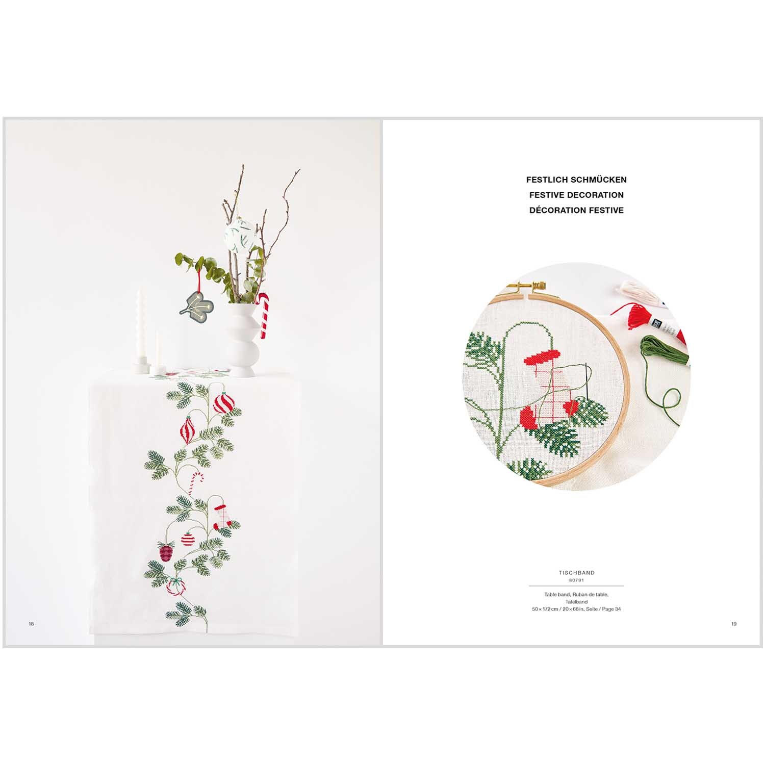 Stickbuch Christmas Joy Nr. 182 zeigt festliche Stickmuster mit grünen und roten Motiven auf weißem Hintergrund. Ideal für Weihnachtsdekorationen.