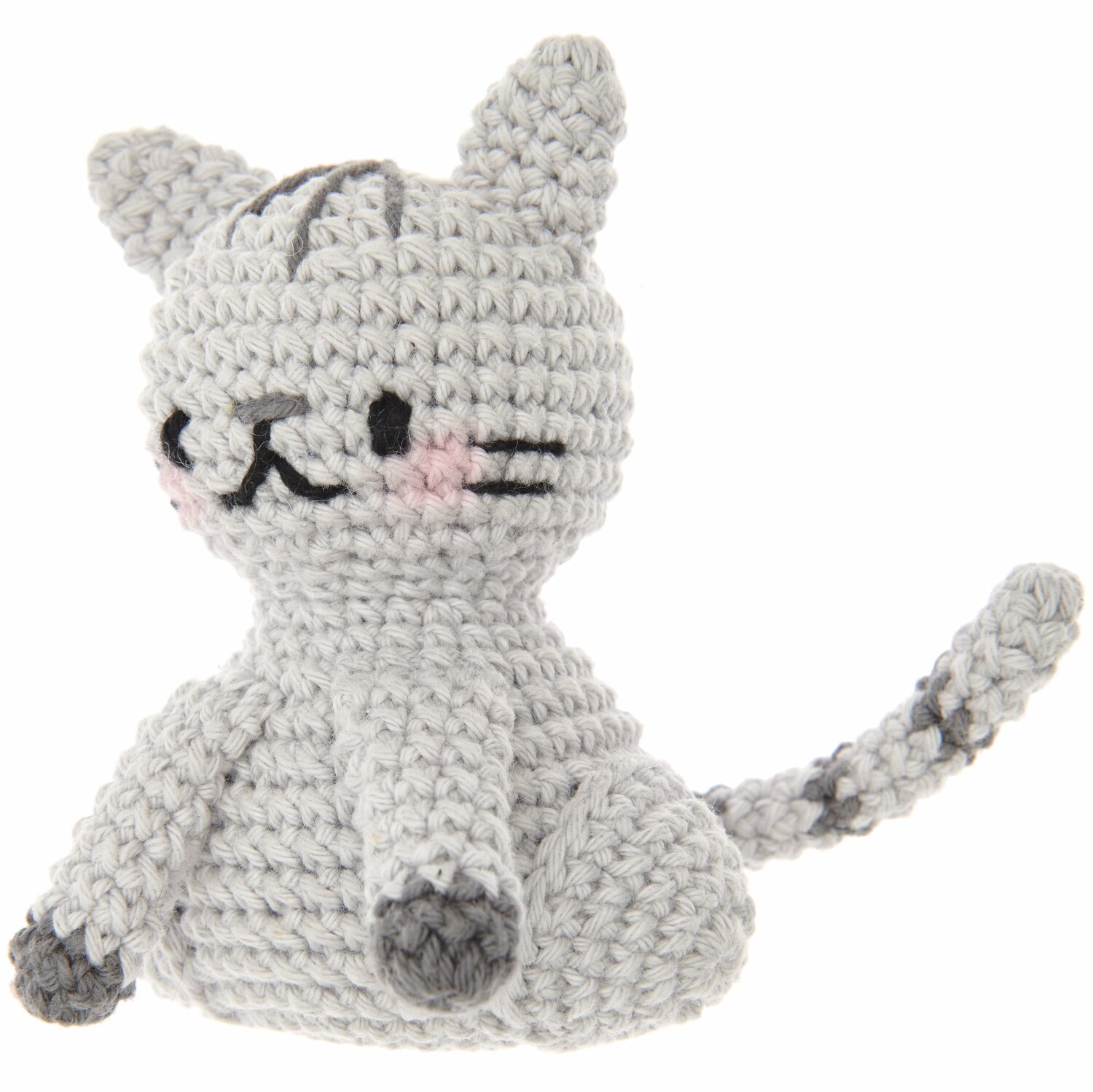 Ricorumi Mini Easy Häkelset - Katze: Graue, gehäkelte Katze von Rico Design mit rosa Wangen.