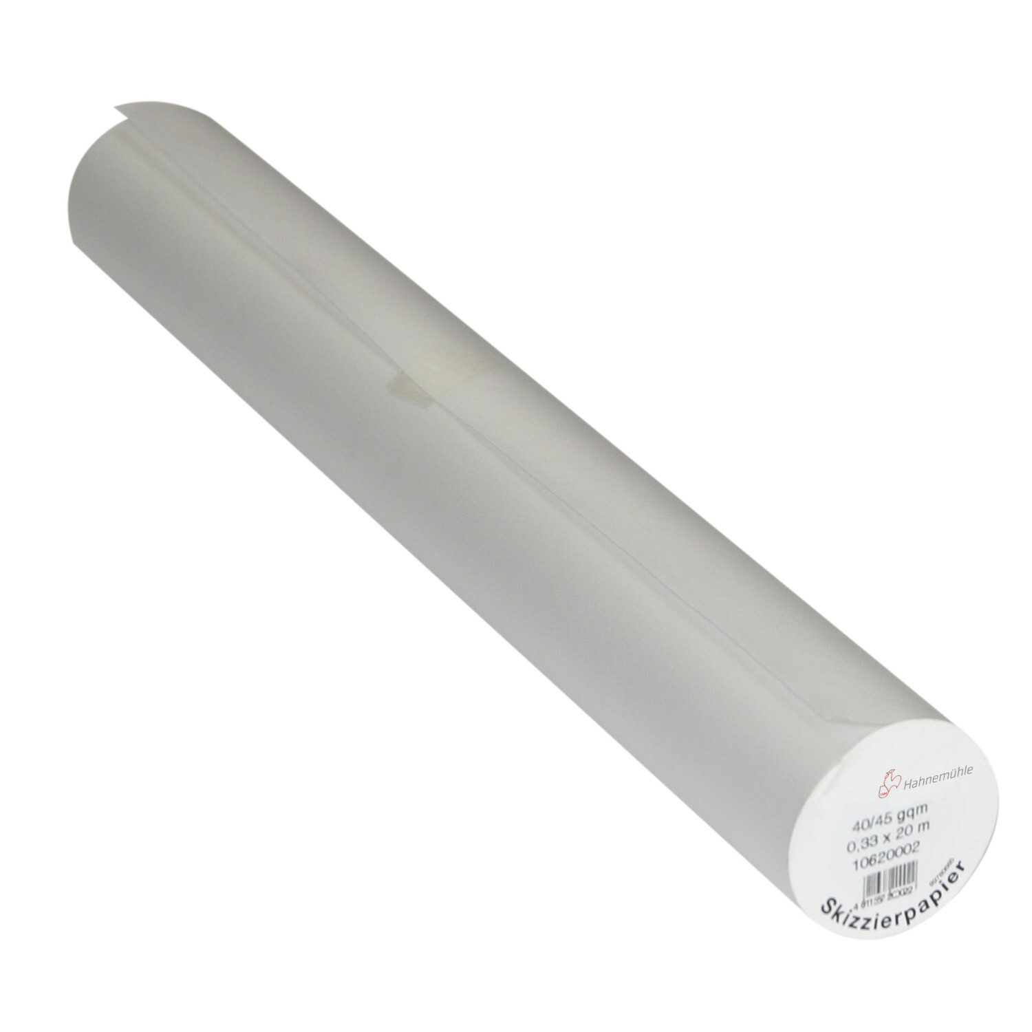 Skizzenpapier Rolle 40g von Hahnemühle, 0,33x20m. Weiße Papierrolle für kreative Zeichnungen.