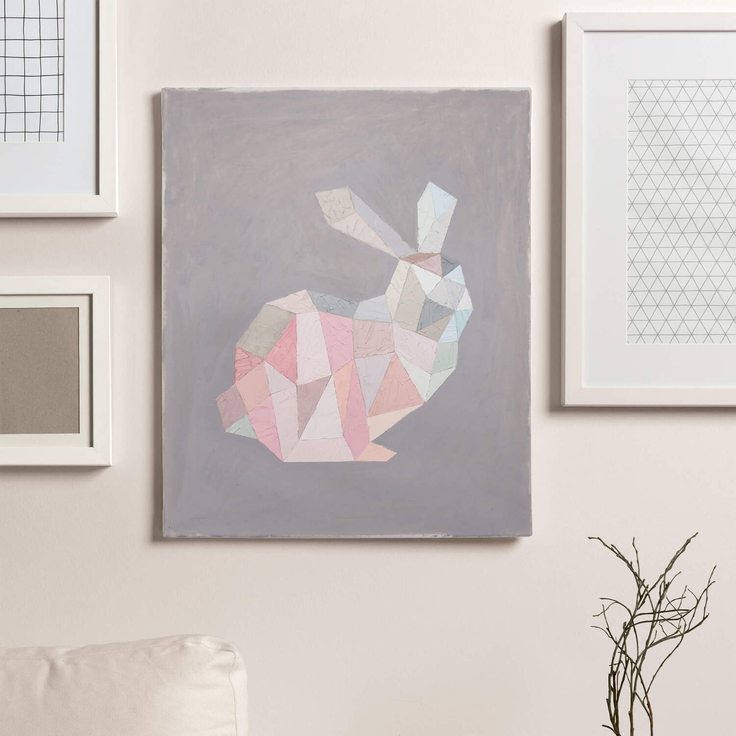 Anleitung Hasenbild mit Ölfarbe malen: Geometrischer Hase in Pastelltönen auf Leinwand.