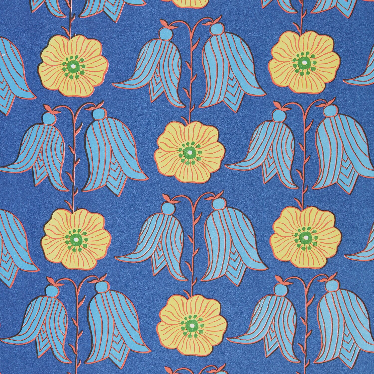 Geschenkpapier Butterblume/Glockenblumen mit blauem Hintergrund und gelben Blumenmuster von Rico Design. Ideal für kreative Verpackungen.
