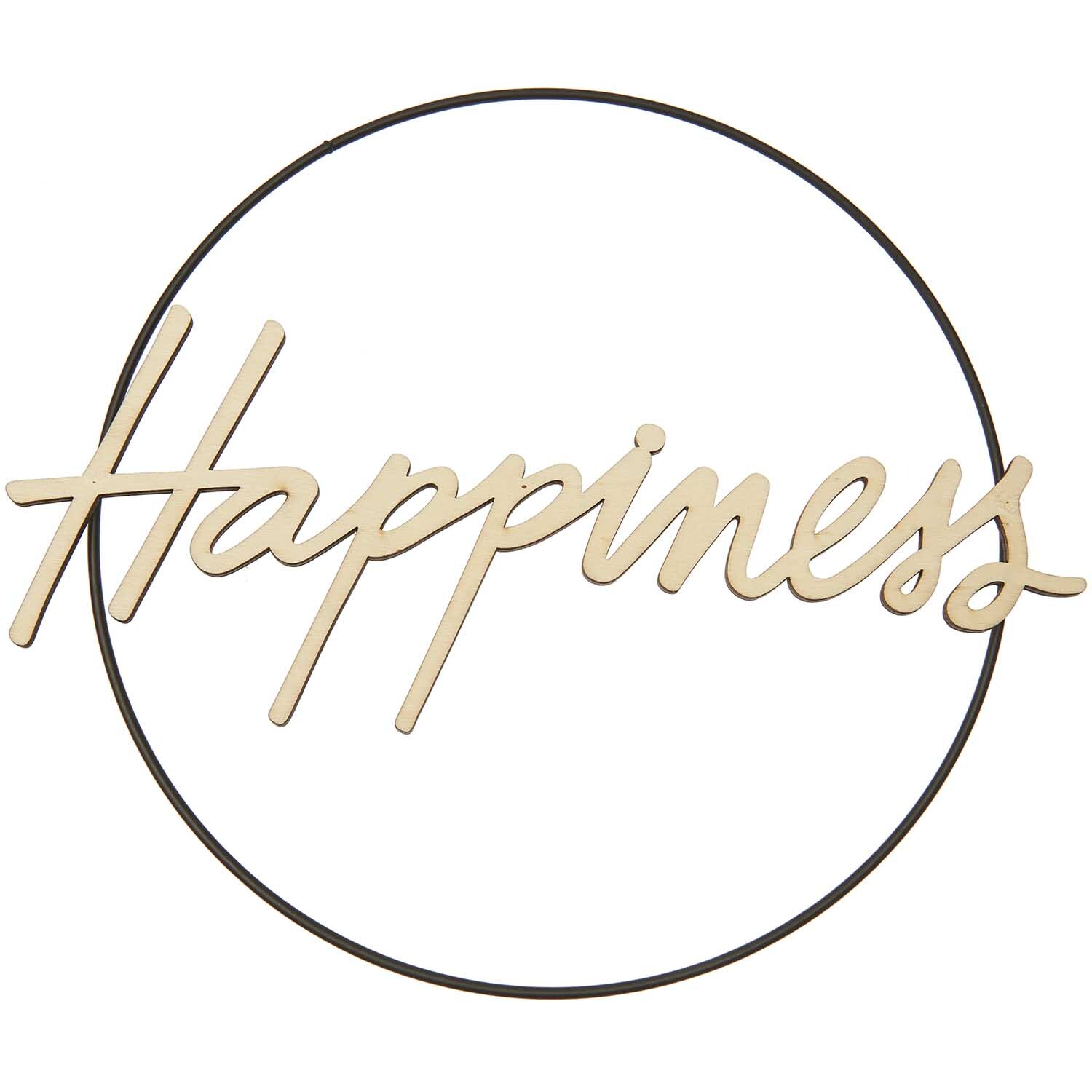 Holzschriftzug "Happiness" in einem runden, schwarzen Rahmen von Rico Design, ideal für Dekoration.
