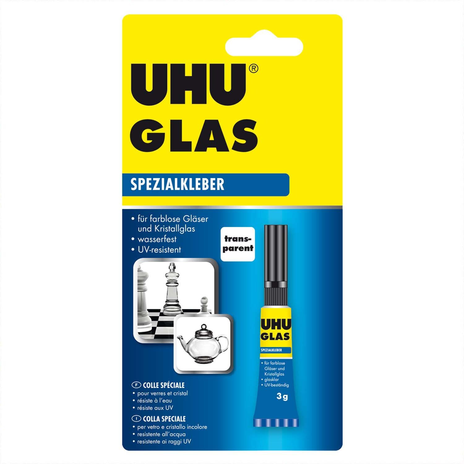 Glas Spezialkleber 3g von UHU, ideal für farblose Gläser, wasserfest und UV-beständig, in gelber Verpackung.