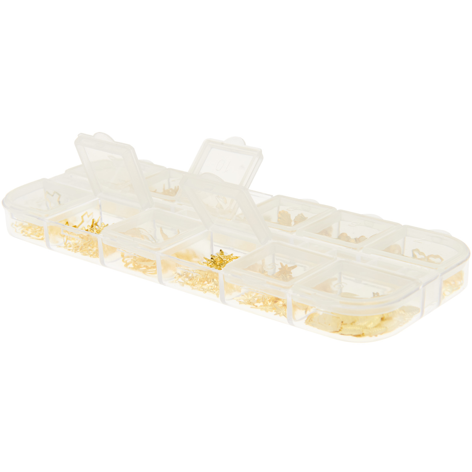 Füllmaterial für Resin Formen Mix Gold in transparentem Organizer von Rico Design, 12x8g.