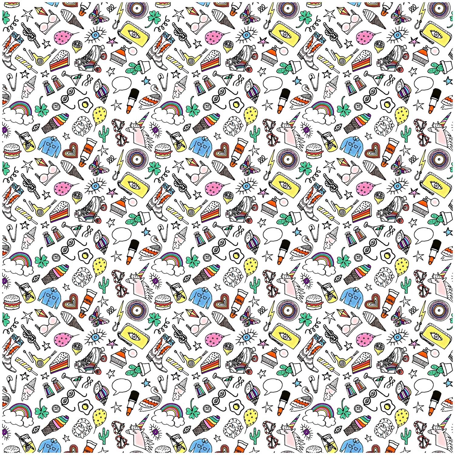 Druckstoff Icons weiß-mehrfarbig 140cm beschichtet zeigt bunte, verspielte Symbole auf weißem Hintergrund. Ideal für kreative Projekte.