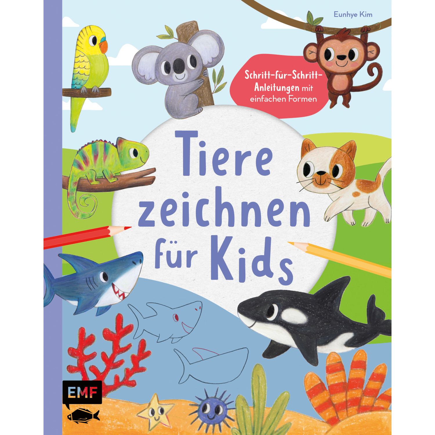 Tiere zeichnen für Kids: Buntes Kinderbuch mit Tieren und Schritt-für-Schritt-Anleitungen.