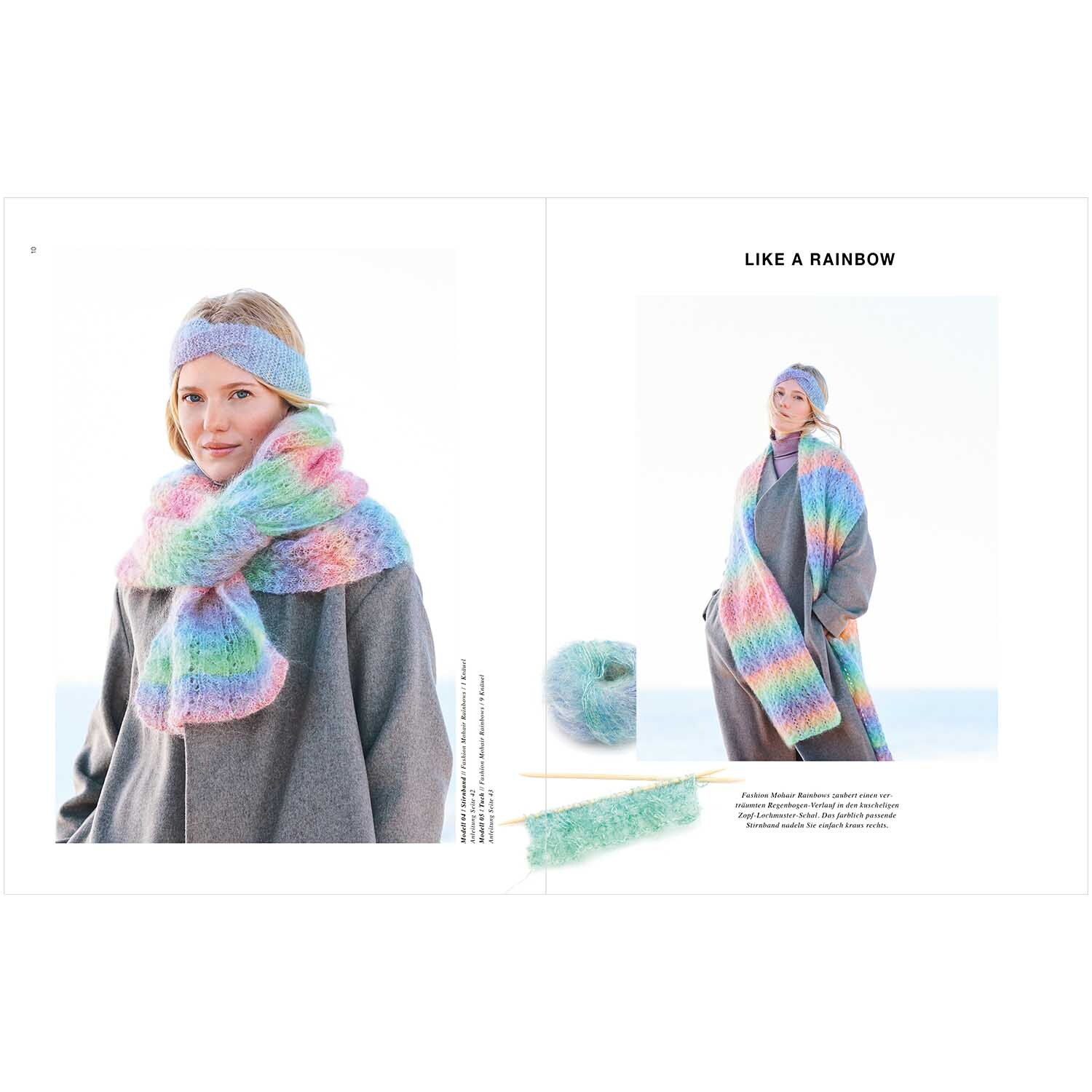 Accessoire Special: Frau trägt pastellfarbenen Schal und Stirnband von Rico Design, inspiriert von Regenbogenfarben.