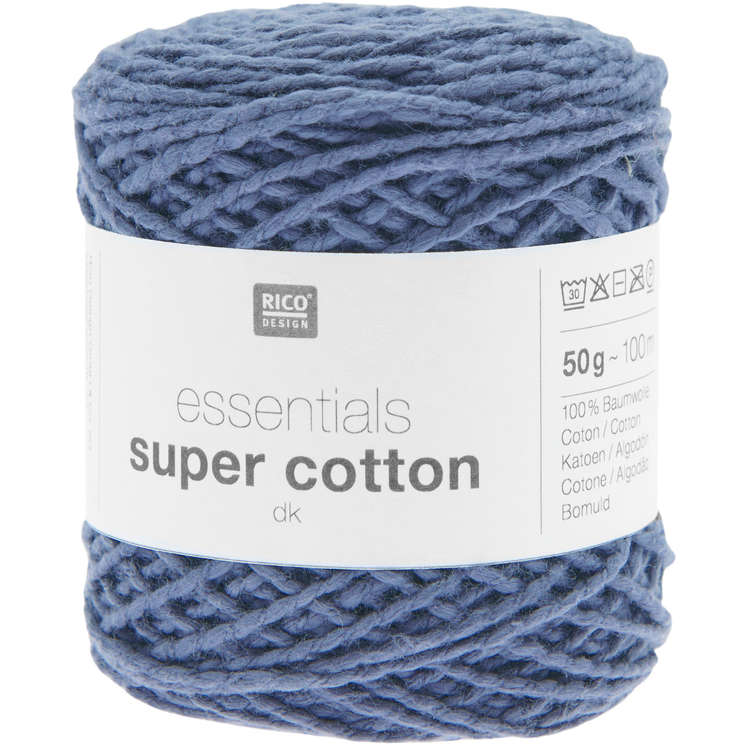 Essentials Super Cotton dk: Weiches, blaues Baumwollgarn von Rico Design, 50g Knäuel, ideal zum Stricken.