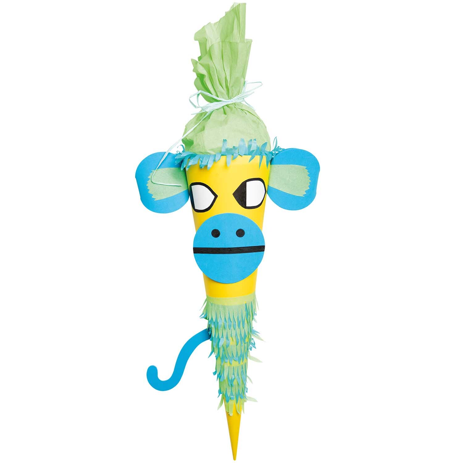 Bastelset Schultüte Affe von Rico Design: Bunte Schultüte in Form eines Affen mit blauen Ohren und gelbem Gesicht.