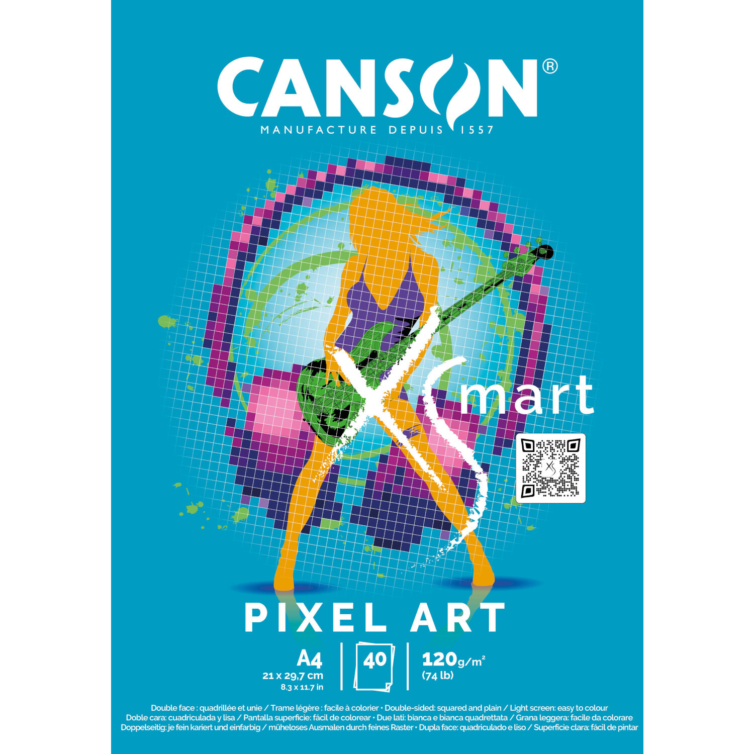 CANXSMART Pixel Art Block 40 Blatt zeigt eine stilisierte Figur mit Gitarre vor buntem Hintergrund. Marke: Canson, Format: DIN A4, 120g/m².