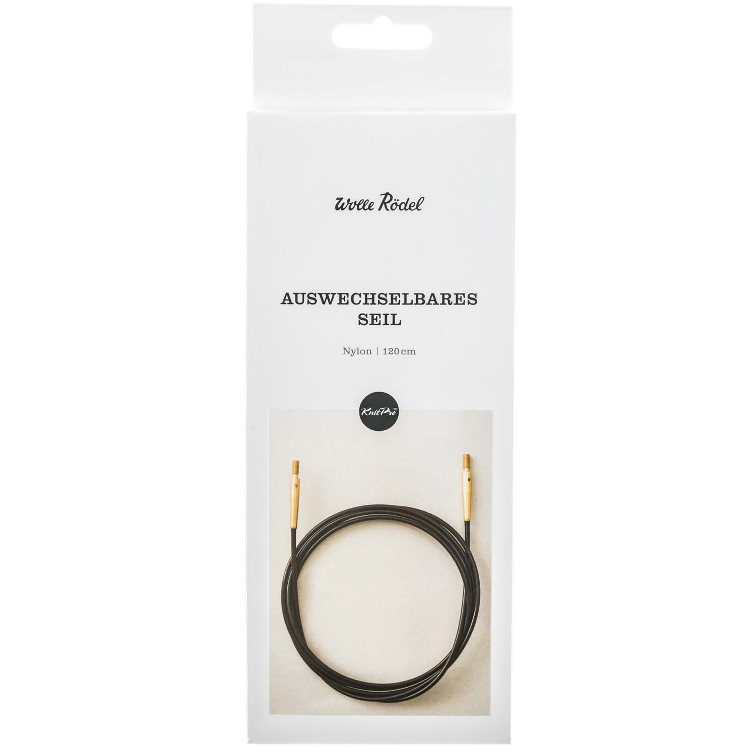 KnitPro Nadelseil auswechselbar Nylon, verpackt in einer weißen Box mit schwarzem Seil und goldenen Enden.