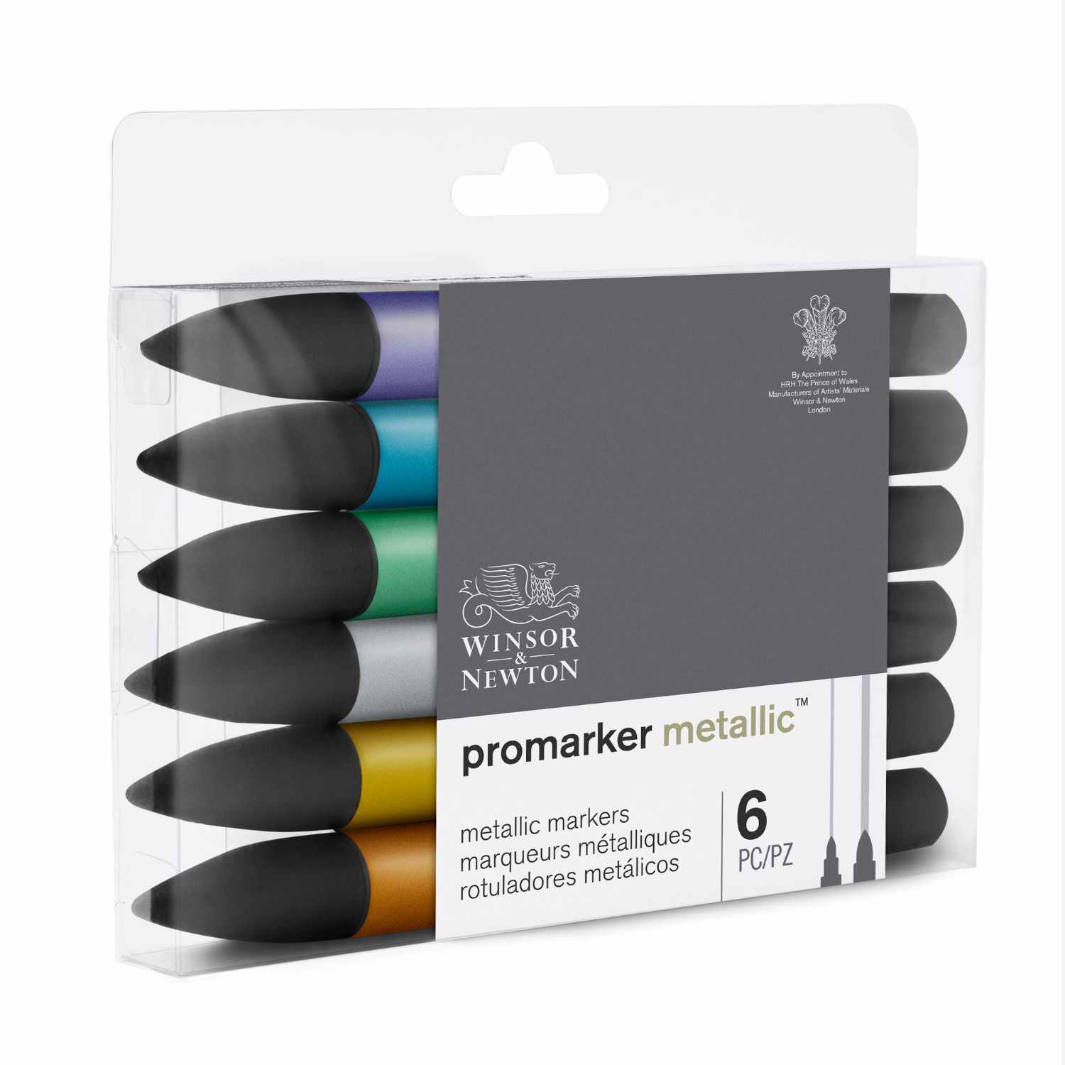 Promarker Aquarellmarker Metallic 6 Stück von Winsor & Newton in verschiedenen Farben in einer Verpackung. Ideal für kreative Projekte.